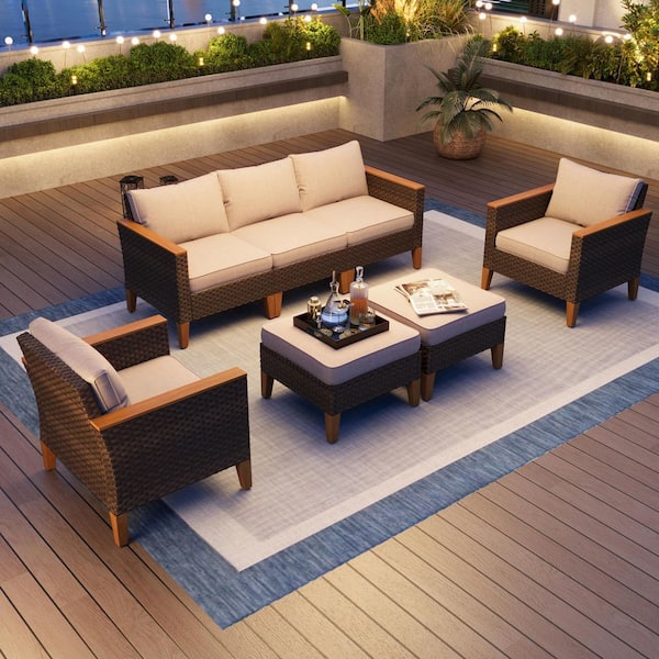 PHI VILLA Brown Rattan Wicker 7 Seat 7-Piece Steel Outdoor Sectional Set with Beige Cushions and 2 Ottomans