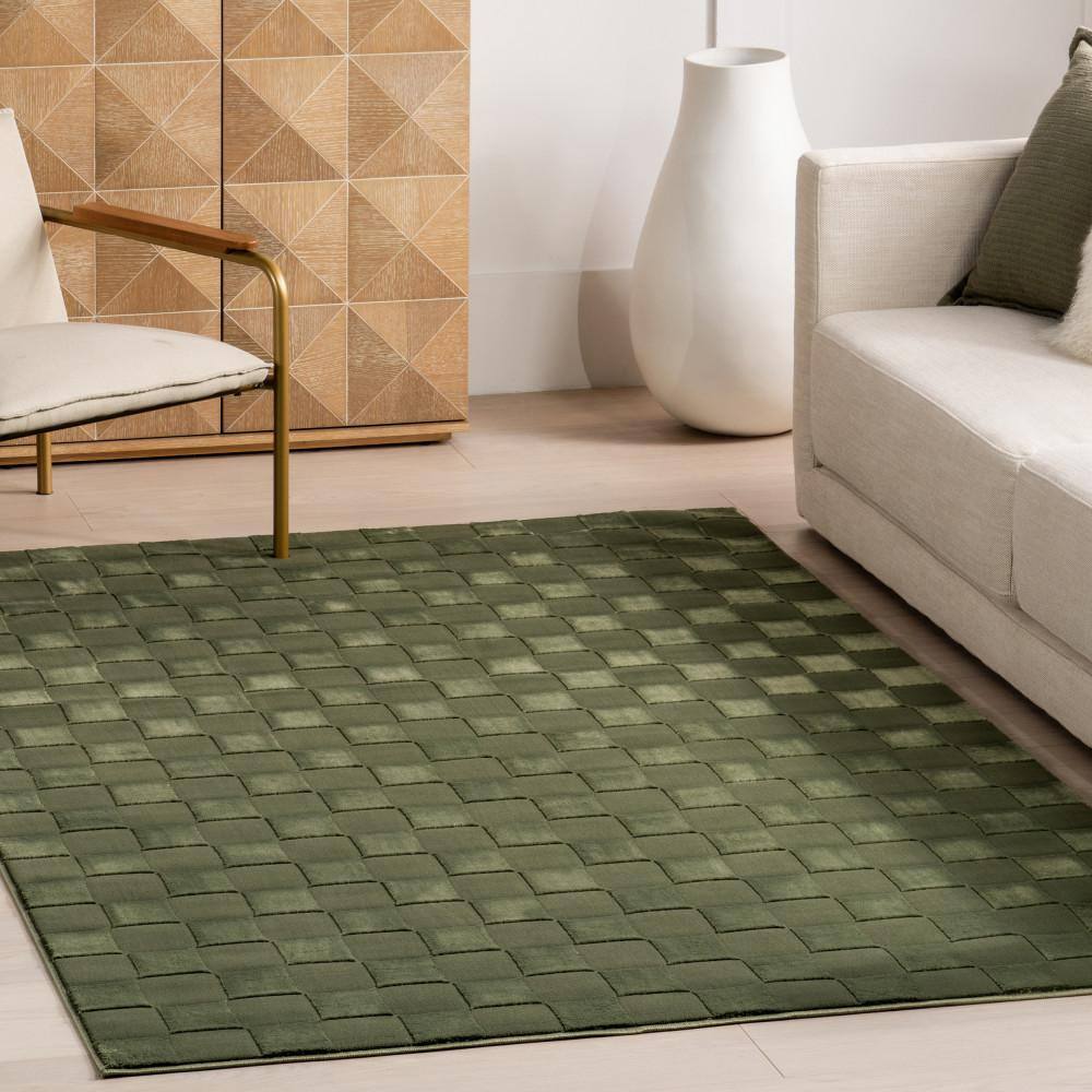 Alaiya Green Checkered Machine Washable Synthetic Area Rug 3' x 5'