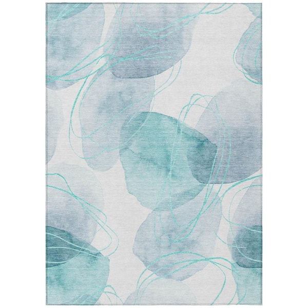 Teal and Ivory 5 ft. x 8 ft. Woven Abstract Rectangle Indoor/Outdoor Area Rug