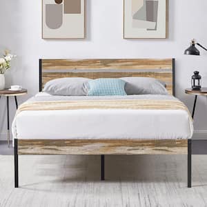 Full Bed Frame, Slate Color Metal Frame Full Platform Bed w/Modern Wood Headboard, Easy Assembly & No Noise, 55.8 in. W
