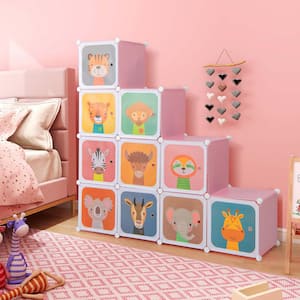 12-Cube Kids Wardrobe Baby Dresser Bedroom Armoire Clothes Hanging Closet with Door Pink