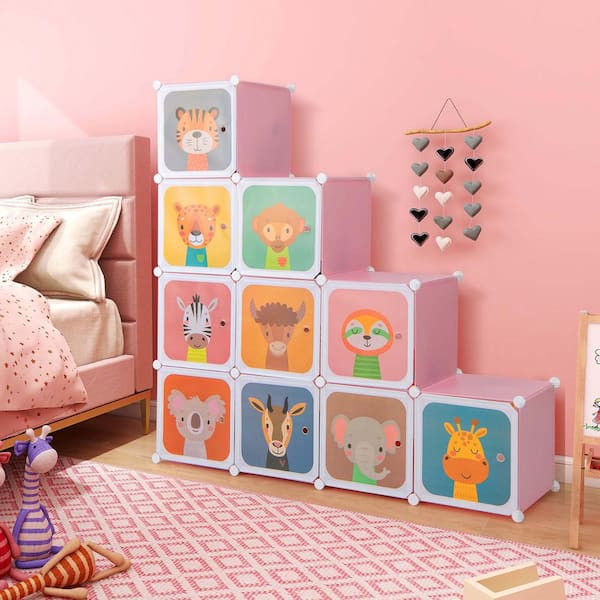 12-Cube Kids Wardrobe Baby Dresser Bedroom Armoire Clothes Hanging Closet with Door Pink