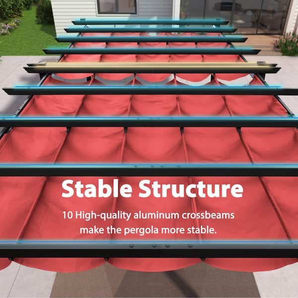 12 ft. W x 18 ft. D Outdoor Gray Aluminum Pergola with Two Individual Adjustable Red UV Resistant Sun Shelter Canopies