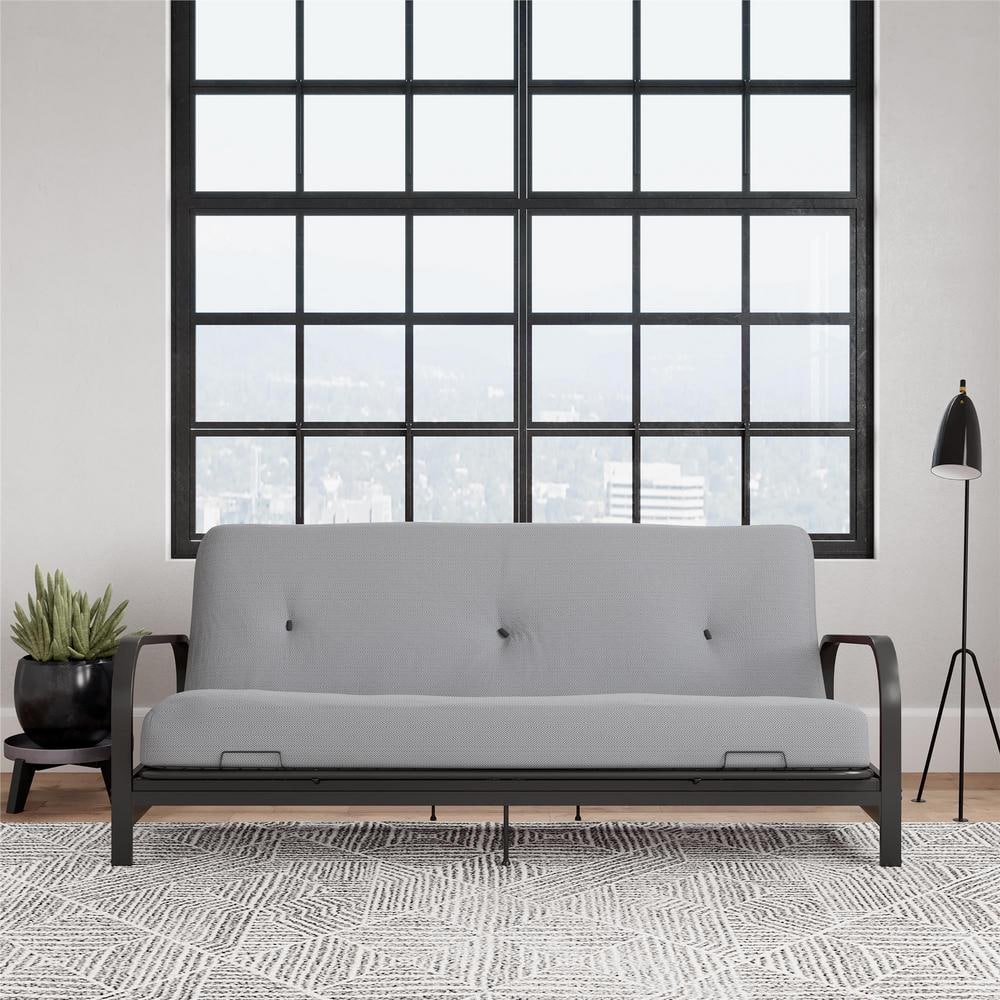 Cleo Black Metal Arm Full Size Futon with 6 in. Herringbone Thermobonded Hi