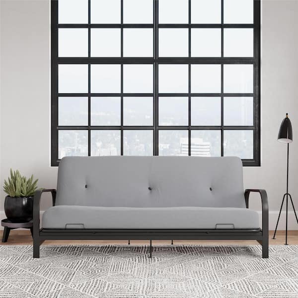Unbranded Cleo Black Metal Arm Full Size Futon with 6 in. Herringbone Thermobonded High Density Polyester Fill Futon Mattress