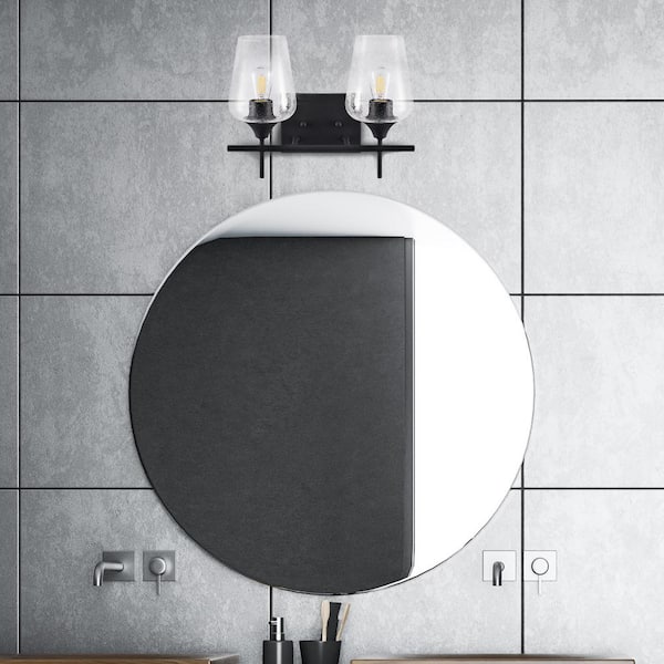 2-Light Black Bathroom Sconce Vanity Light with Seeded Glass Shades