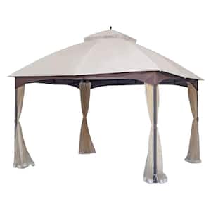 10 ft. x 12 ft. Beige Metal Gazebo Heavy-Duty Double Roof Canopy with Mosquito Net and Sunshade Curtains