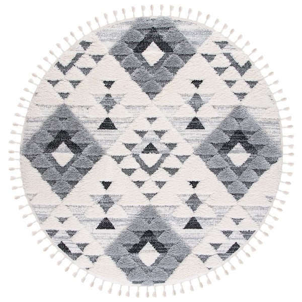 Moroccan Tassel Shag 12 ft. x 12 ft. Ivory/Gray Tribal Round Rug