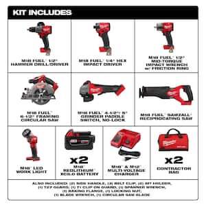 M18 FUEL 18V Lithium-Ion Brushless Cordless Combo Kit W/(2) 5.0Ah Batteries, Charger & (2) Tool Bags (10-Tool)