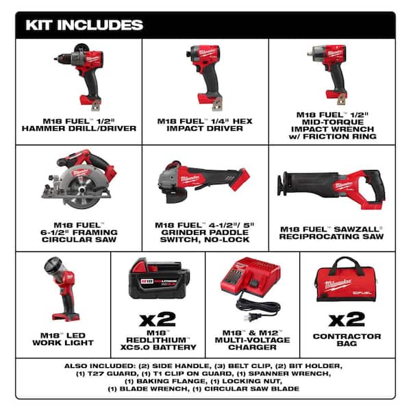 M18 FUEL 18V Lithium-Ion Cordless Combo Kit, Two Batteries, Charger, (7-Tool) & SAWZALL Blades (17 PC)
