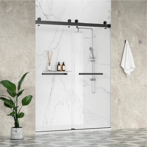 Sola 56-60 in. W x 84 in. H Double Sliding Frameless Shower Door in Matte Black with 3/8 in. Clear Glass