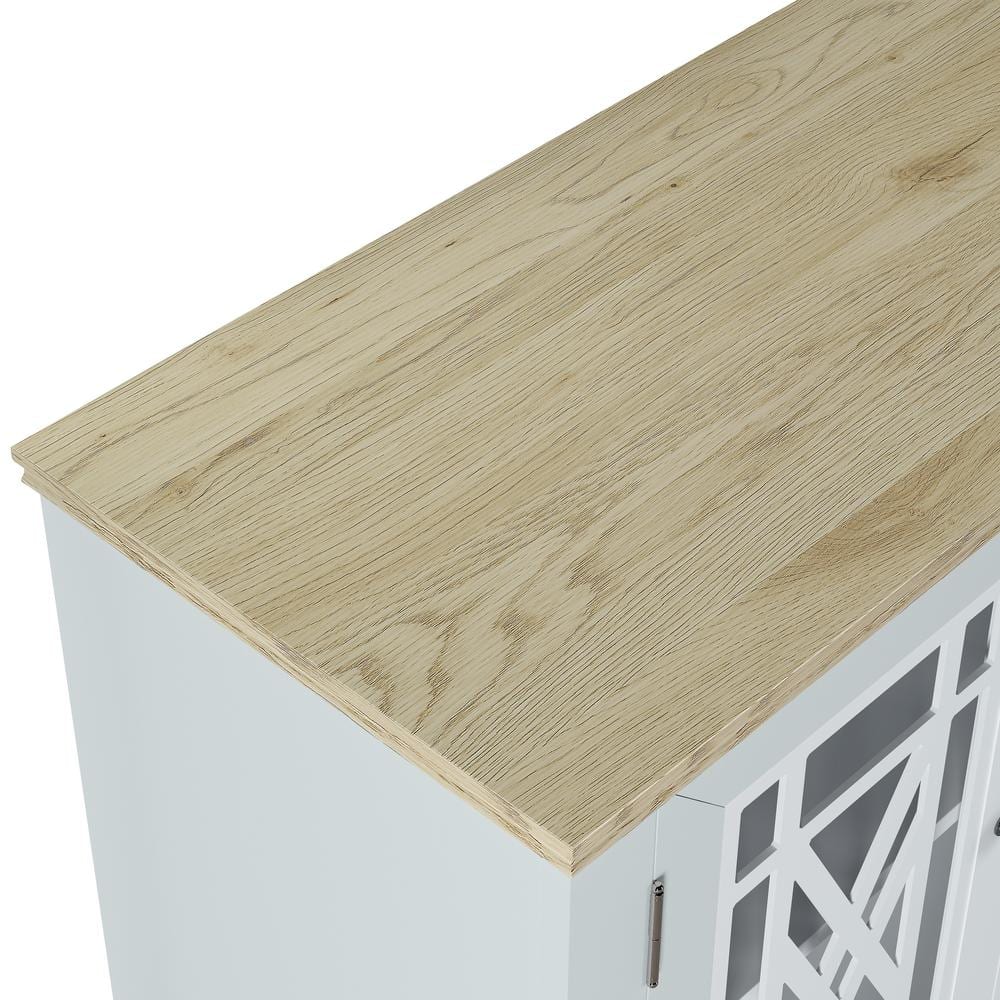 Grayish-White Vintage Wood and Glass Sideboard Cabinet