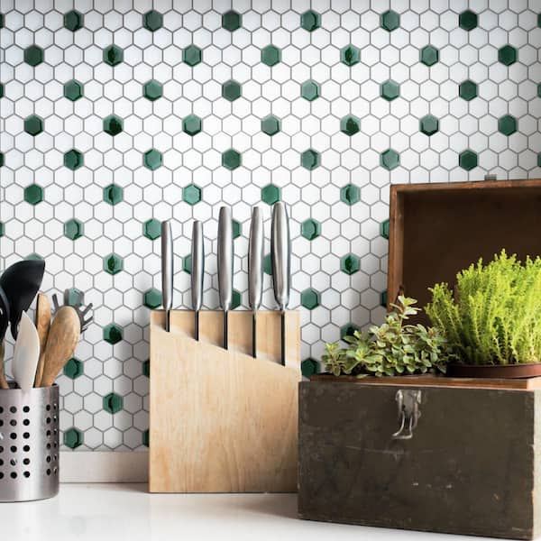 Metro Ion 1" Hex Emerald Dot with Glossy White 10-1/4 in. x 11-7/8 in. Porcelain Mosaic Tile (8.6 sq. ft./Case)