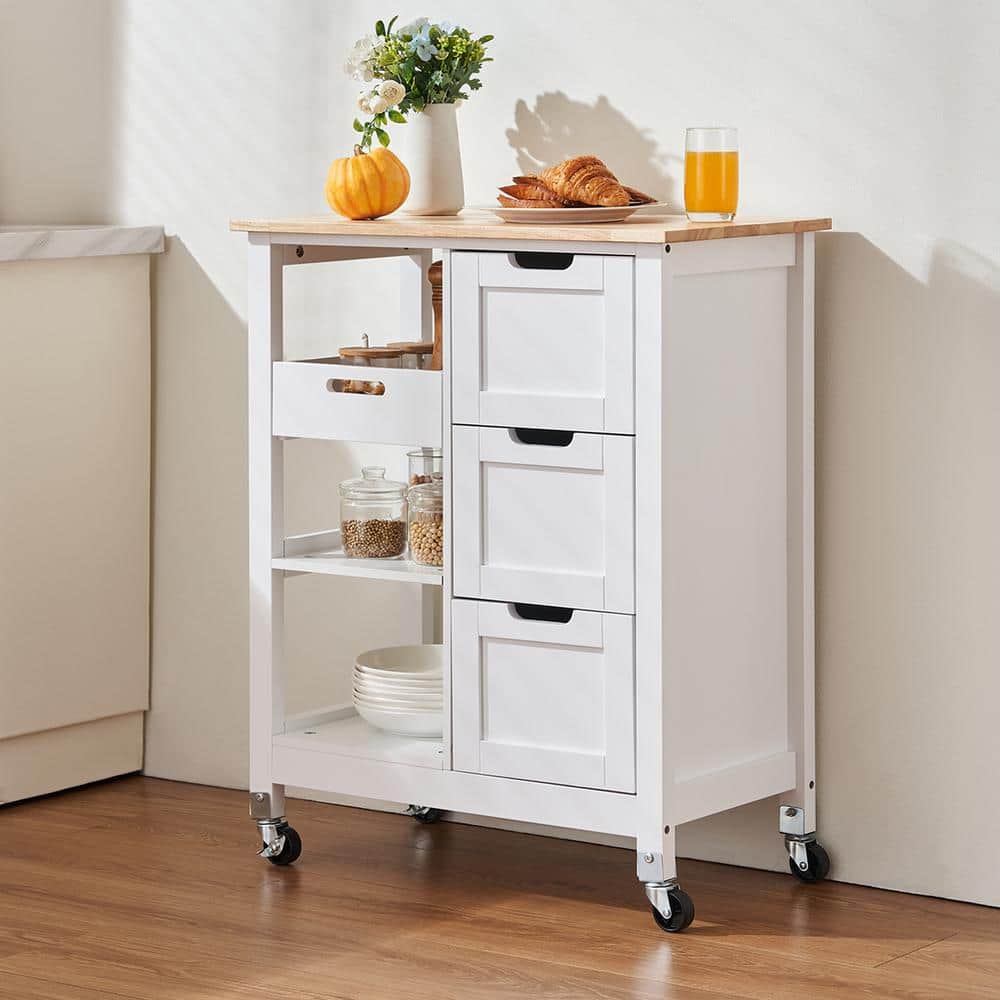 White Wood Kitchen Cart with Spice Rack and Storage