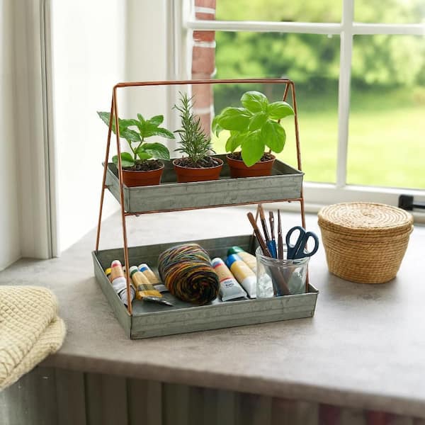 Benjara Galvanized Gray Metal 2-Tiered Rectangular Serving Tray