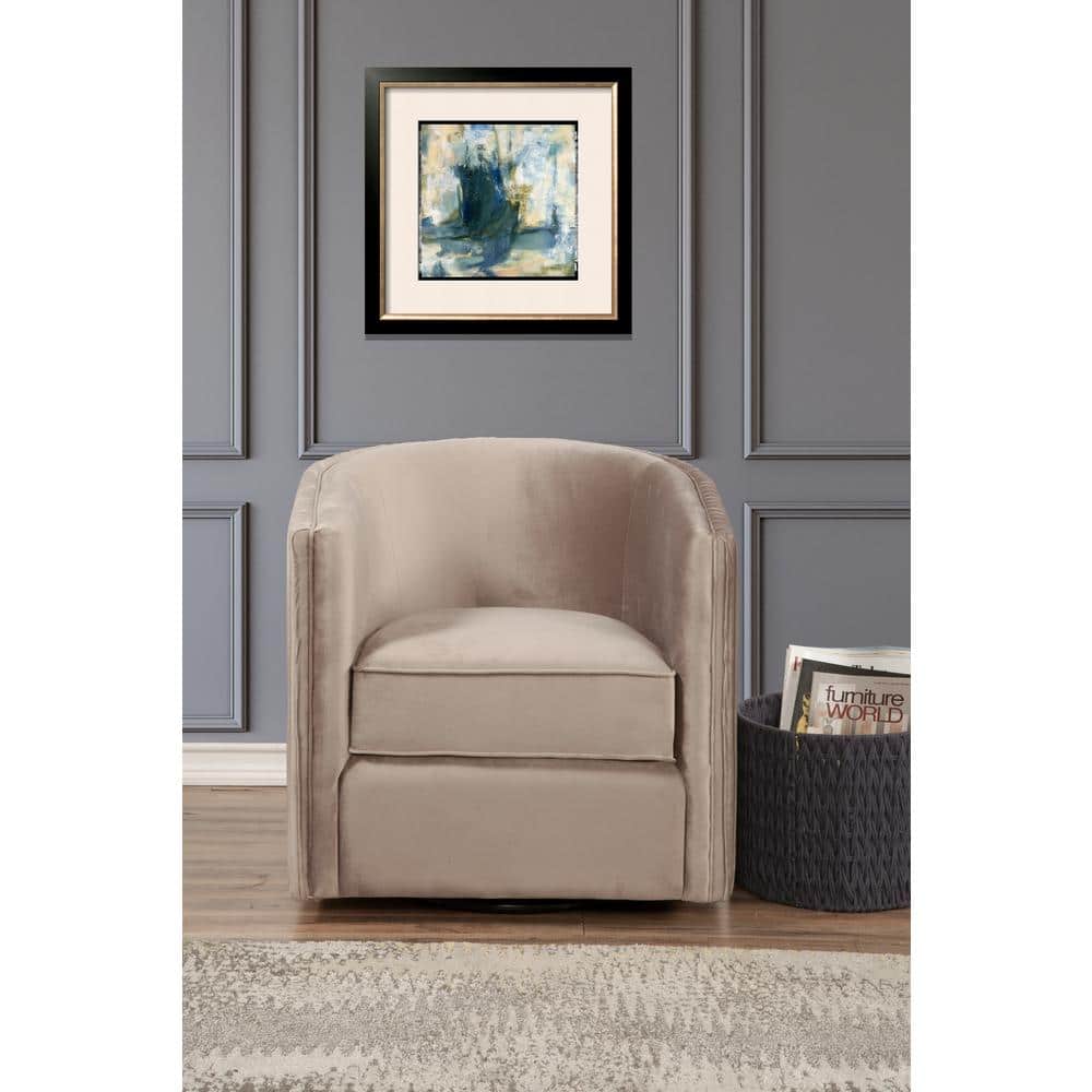 Transitional Gray Velour Swivel Accent Chair with Acacia Wood Frame
