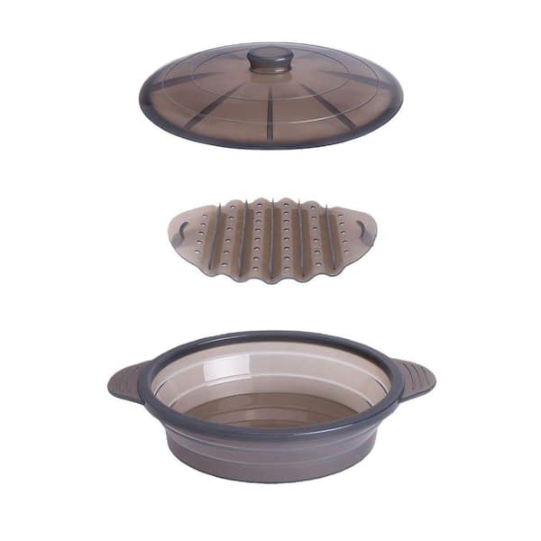 Large Black Silicone Collapsible Microwaveable Steamer Cooker with Handle Lid Dishwasher Safe for Vegetables Fish Meal