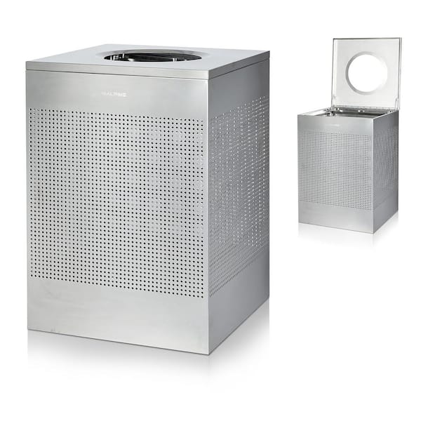 40 Gal. Perforated Steel Square Stainless Steel Commercial Trash Can with Open Top Lid