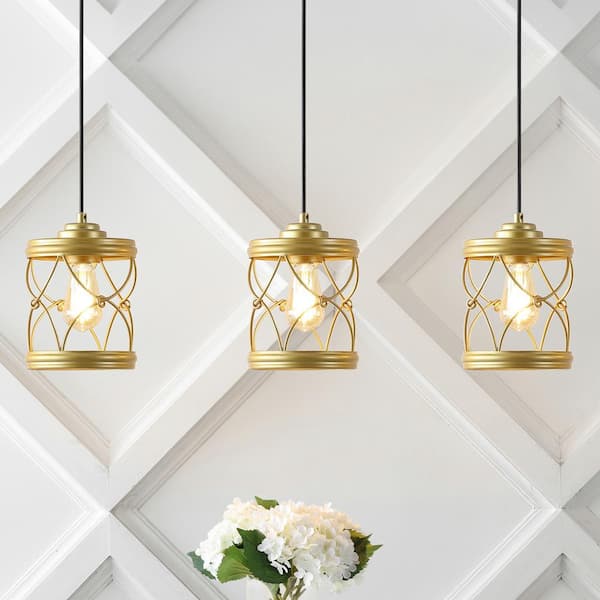 JONATHAN Y Marelle 6.5 in. 40-Watt 1-Light Gold Farmhouse Iron Filigree Caged Jar LED Pendant Light, Gold Painting (Set of 3)