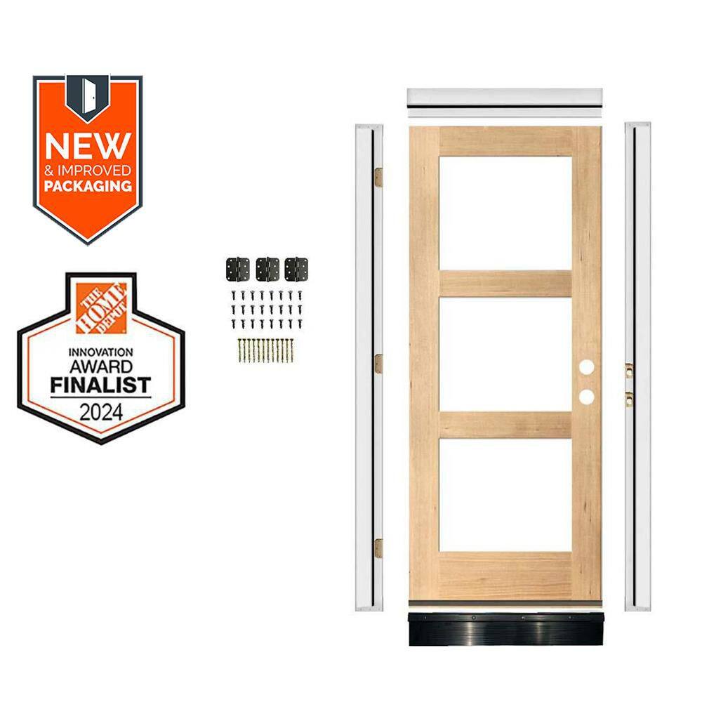 DIY 32 in. x 80 in. Modern Hemlock LeftHand 3-Lite Clear Glass Clear Stain Wood Front Door Kit w/ Quick Assemble Jamb price history on PriceWatchPro