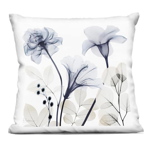 Serene Florals on White Grey Abstract Polyester 18 in. x 18 in. Throw Pillow