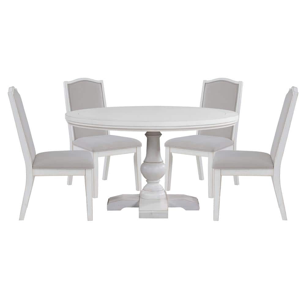 Antique White 54" Round Pedestal Dining Set with Upholstered Chairs