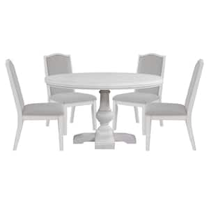 Warren 5-Piece 54 in. Round White Wood Dining Room Set with 4 Upholstered Chairs