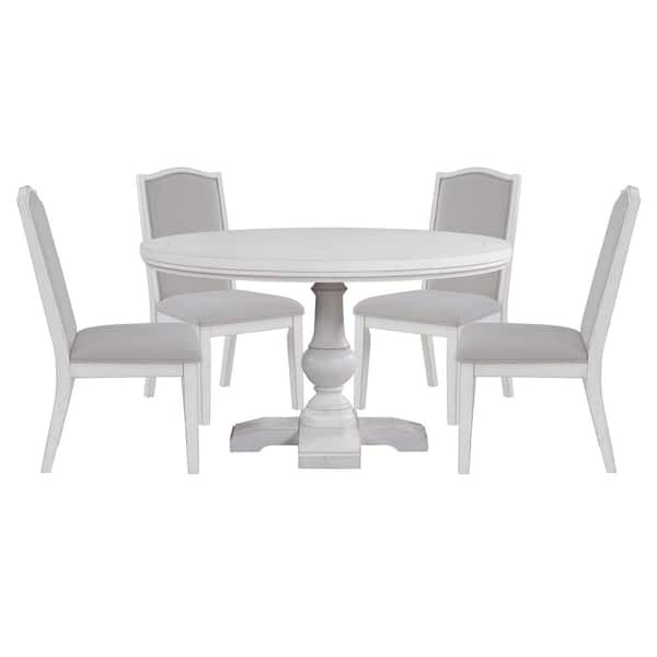 Steve Silver Warren 5-Piece 54 in. Round White Wood Dining Room Set with 4 Upholstered Chairs