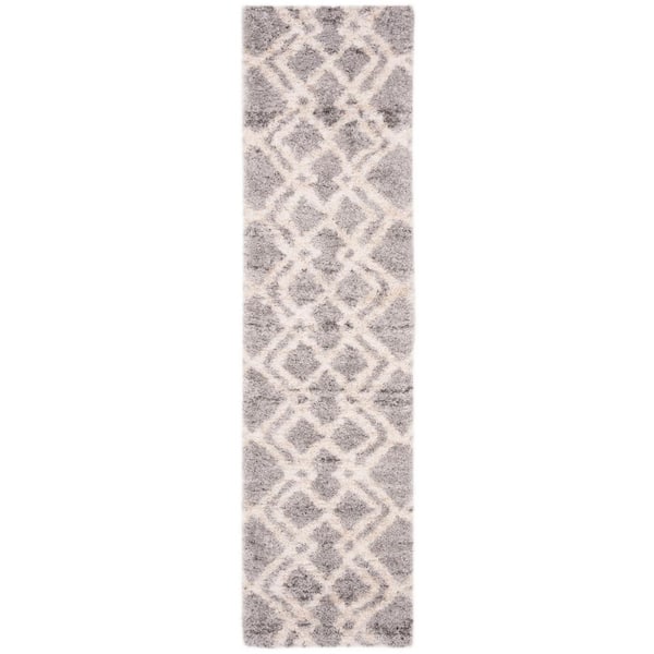 Berber Shag 2 ft. x 10 ft. Gray/Cream Multi-Diamond Geometric Runner Rug