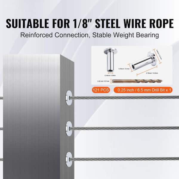 121 Pack Protector Sleeves for 1/8 in. Wire Rope Cable Railing DIY Balustrade T316 Marine Grade Come with Drill Silver