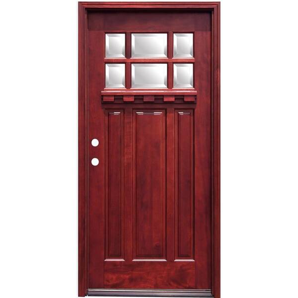 Pacific Entries 36 in. x 80 in. Craftsman 6 Lite Stained Mahogany Wood Prehung Front Door with Dentil Shelf 6 in. Wall Series - FSC 100%