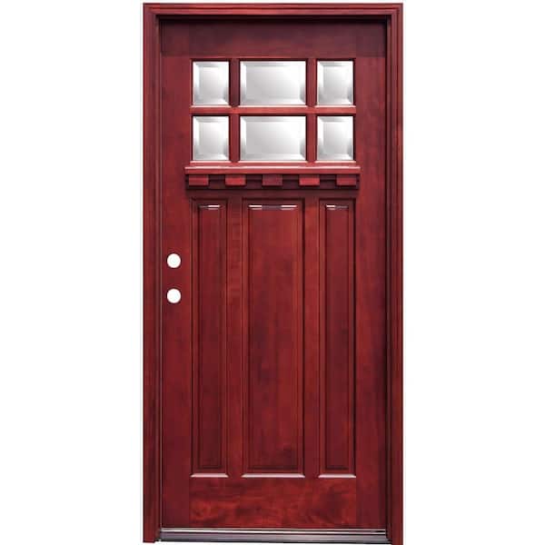 Pacific Entries 36 in. x 80 in. Craftsman 6 Lite Stained Mahogany Wood Prehung Front Door with Dentil Shelf