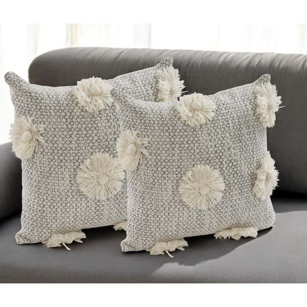 HomeRoots Gray, Ivory Floral Polyester 18 in. x 18 in. Throw Pillow Set of 2