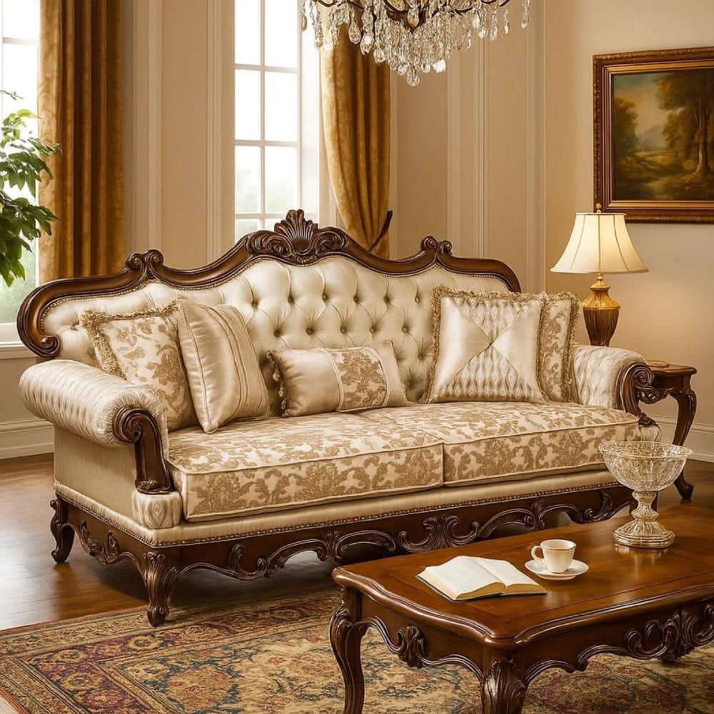 Hesar 90.5 in. Brown and Gold Rolled Arm Fabric Rectangle Pillow Back Sofa with Pillows