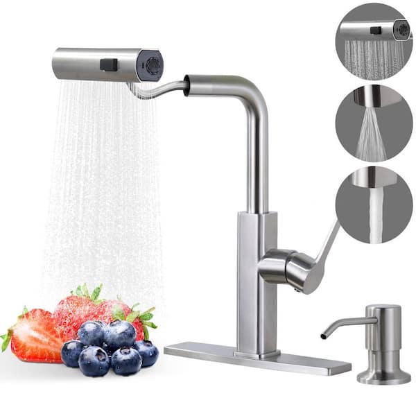 14.8 in. H Single Handle Pull Down Sprayer Kitchen Faucet with 360° Spout Swivel Soap Dispenser in Brushed Nickel