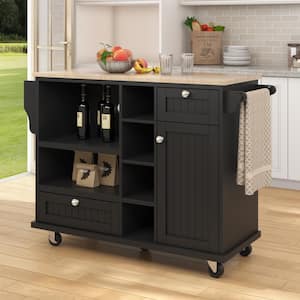 Black Rolling Rubber Wood Desktop 51 in. Kitchen Island with Microwave Cabinet