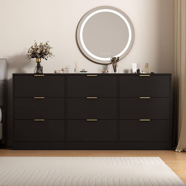 Black Wooden 9-Drawer Large Storage 63 in. W Dresser
