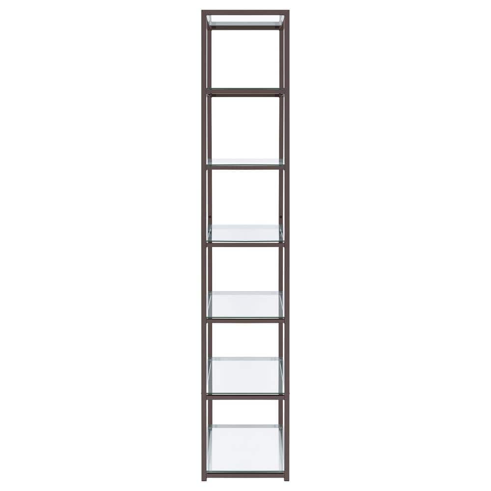 Elegant Black Nickel 6-Tier Bookcase with Tempered Glass Shelves