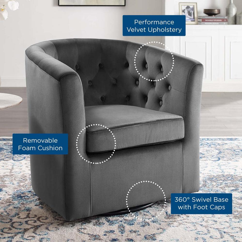 Charcoal Velvet Barrel Swivel Accent Chair with Tufted Accents