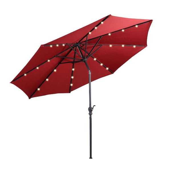 ANGELES HOME 10 ft. Steel Market Solar LED Lighted Tilt Patio Umbrella in Red