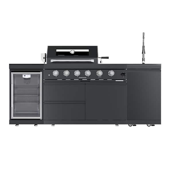 46 in. 4-Burner 72,000 BTU Stainless Steel Outdoor Kitchen BBQ Grill Island, Wine Refrigerator, Rotisserie, in Black