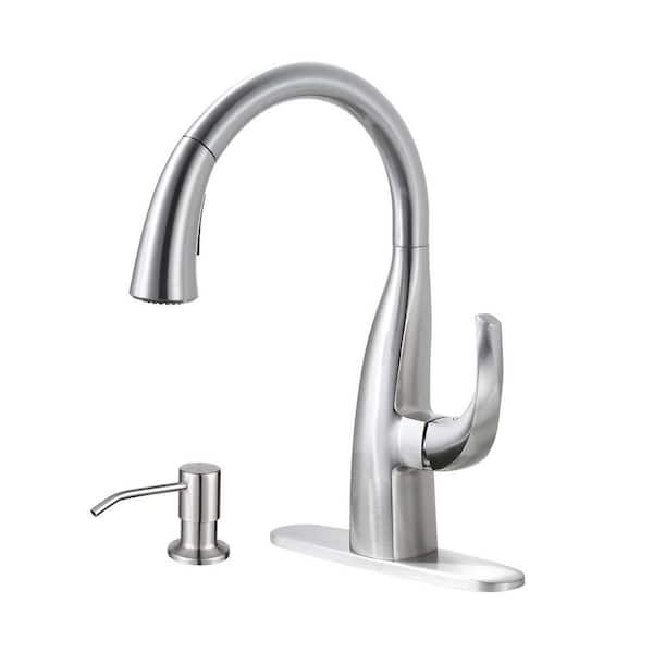15 in. Single Handle 360° Pull Down Sprayer Kitchen Faucet with Soap Dispenser in Brushed Nickel