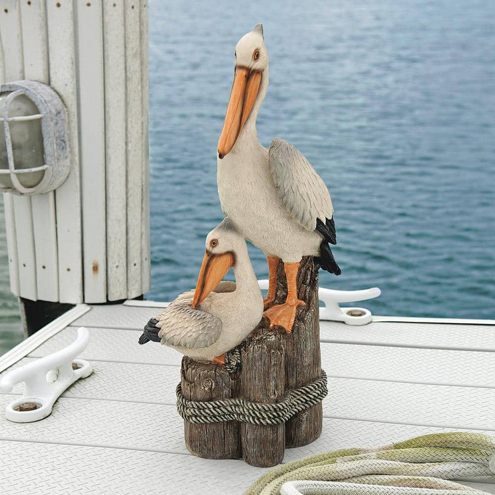Coastal Pelican Pair on Faux Wood Pilings Statue