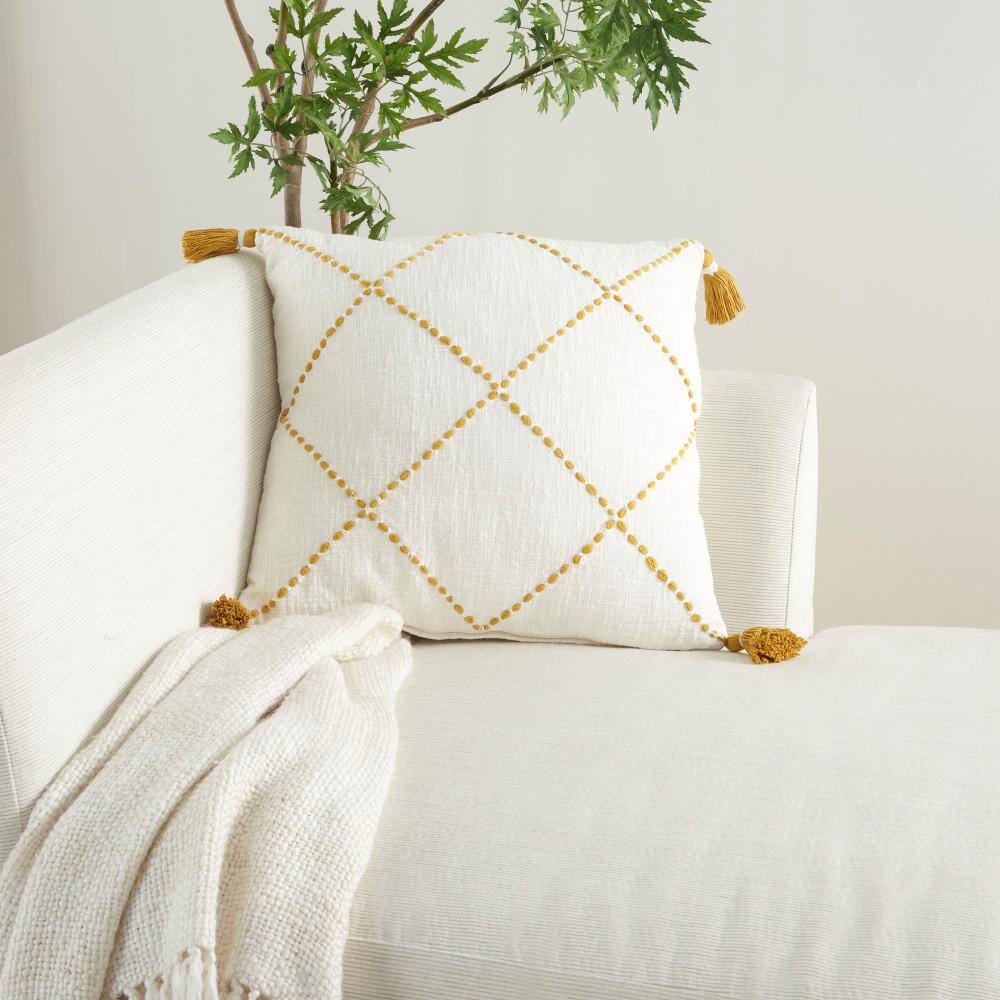 Mustard and White Embroidered Cotton Square Throw Pillow Set