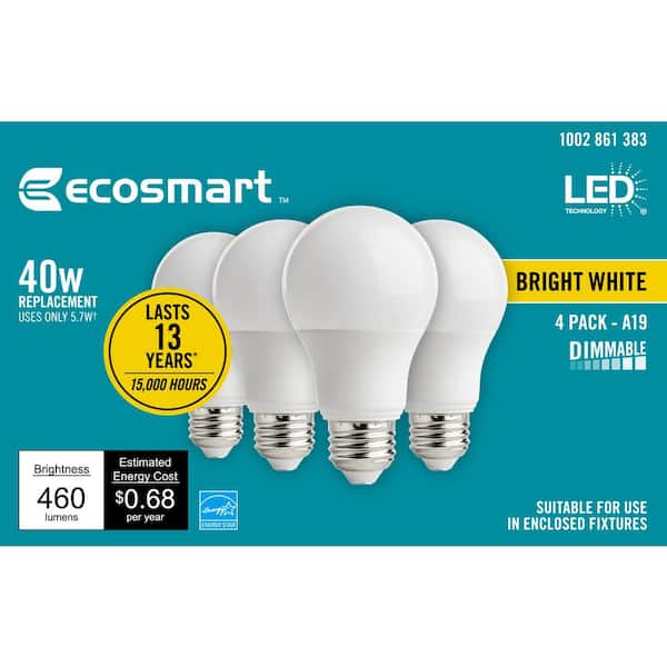 reflecteren betalen Voornaamwoord EcoSmart 40-Watt Equivalent A19 Dimmable Energy Star LED Light Bulb Bright  White (4-Pack) B7A19A40WESD02 - The Home Depot