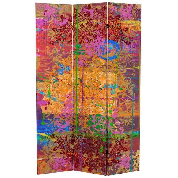 RED LANTERN Printed Canvas 71 in. Holi 3-Panel Room Divider