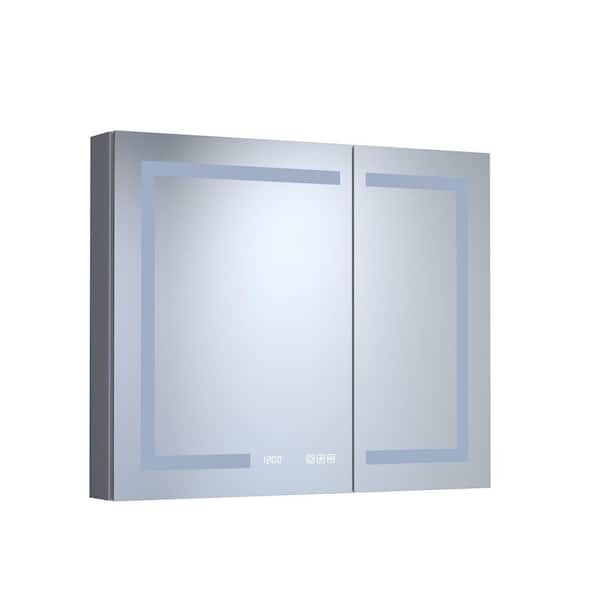 36 in. W x 30 in. H Rectangular Aluminum LED Medicine Cabinet with Mirror with Time Temperature Display