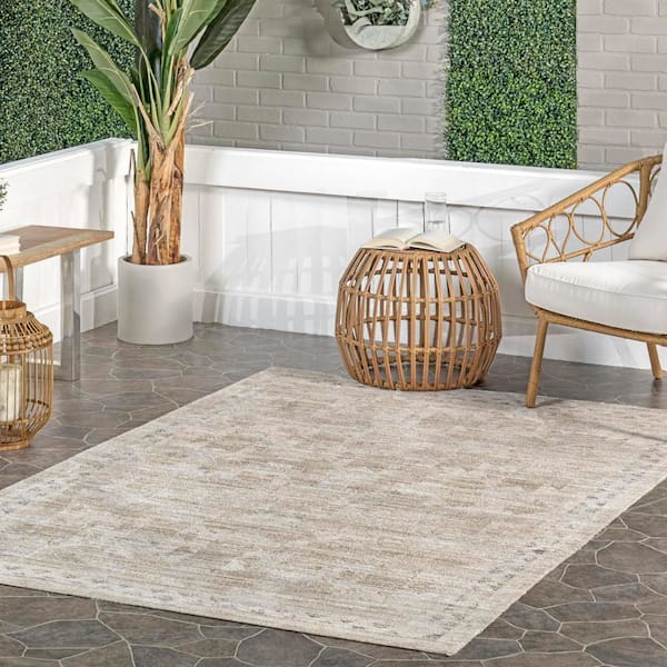 Beige 3 ft. x 5 ft. Shia Bordered Washable Outdoor Area Rug