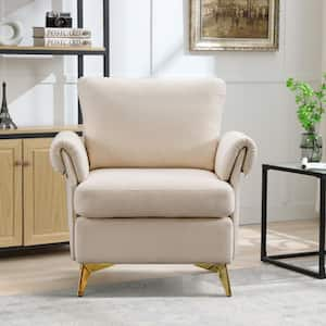 31.1 inch. Wide Ivory Linen Arm Chair with Tufted Cushion Accent Chair with Lumbar Pillow