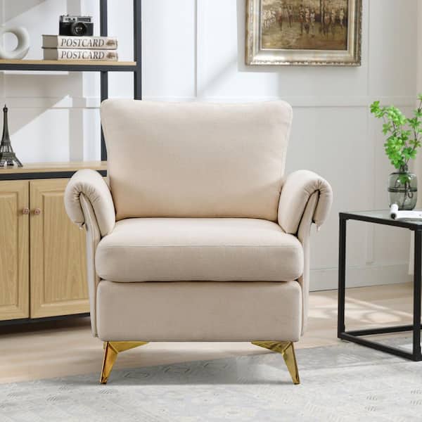 Bestier 31.1 in. Wide Ivory Linen Arm Chair with Tufted Cushion Accent Chair with Lumbar Pillow